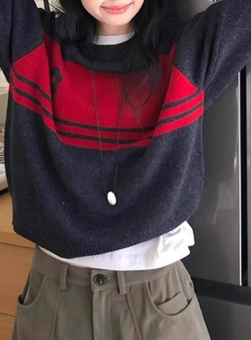 韩系灰色提花软糯套头毛衣秋冬新款慵懒风宽松圆领短款针织衫