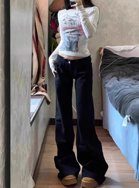 黑色辣妹低腰阔腿喇叭牛仔裤女秋季新款宽松显瘦直筒百搭阔腿