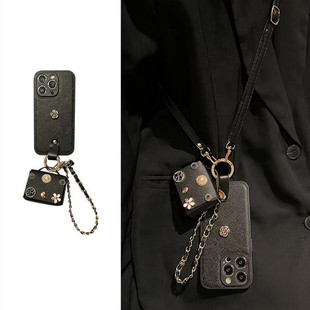 经典 nova12全包防摔软 黑皮质山茶花小香风包包适用iPhone16ProMax手机壳苹果17斜跨15华为mate60挂绳p70新款