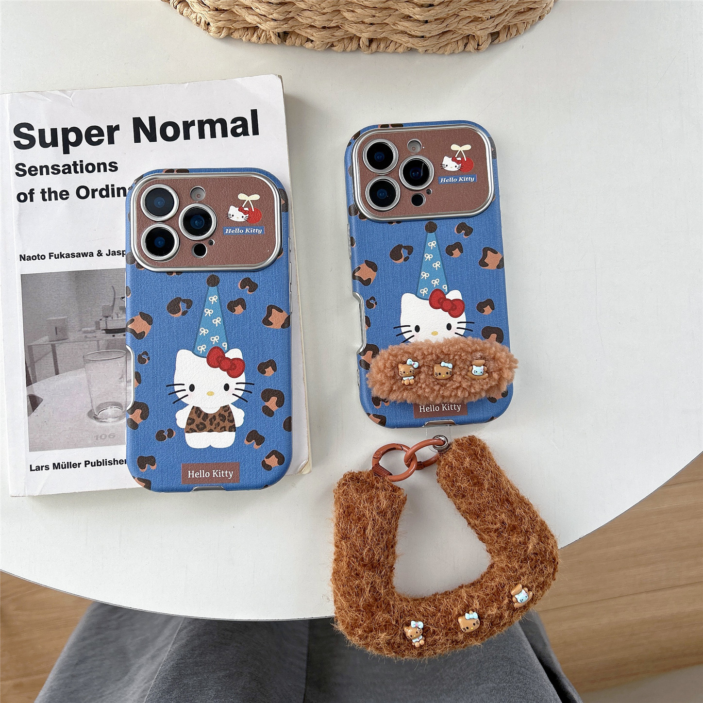 蓝豹纹帽子KT猫绒手提绳手机壳