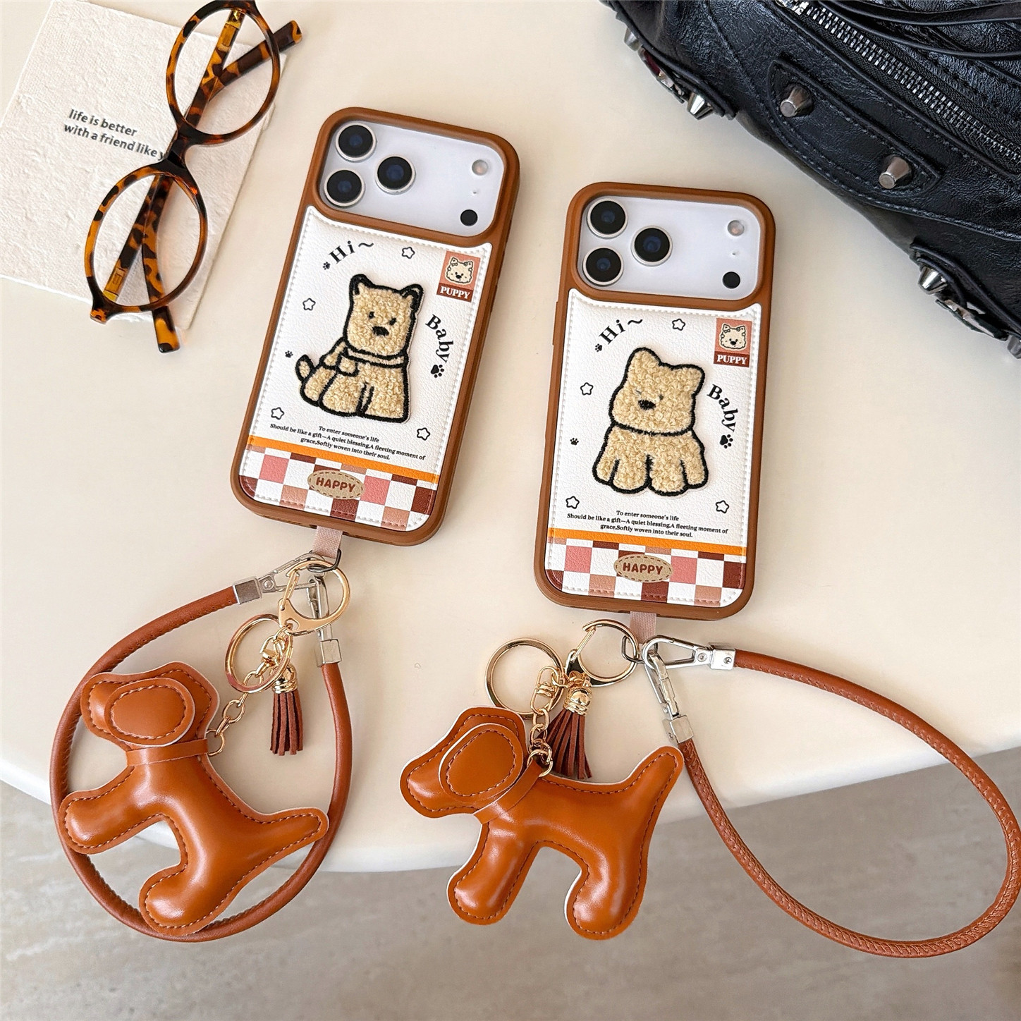 秋冬棕色格纹刺绣西高地手机壳