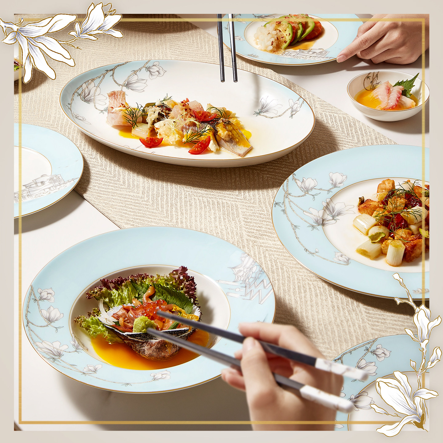 玛戈隆特人份玉兰花轻奢骨瓷餐具