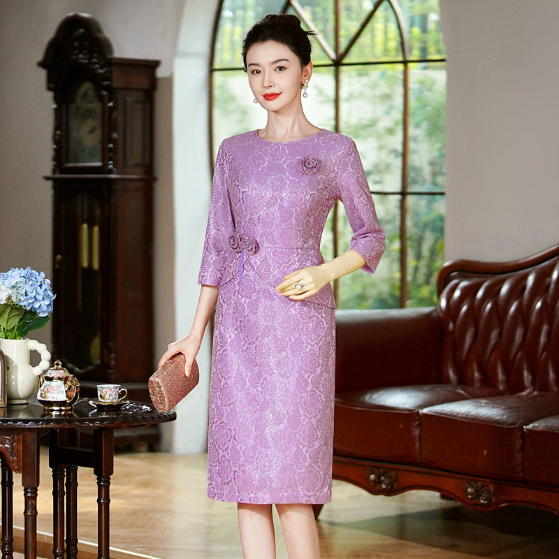 2026秋新款高贵礼服蕾丝烟紫色婚庆婚宴妈妈喜婆婆连衣裙日常可穿