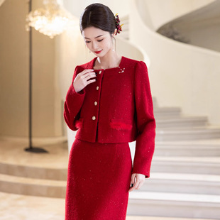 红色小香风呢子套装新中式敬酒服小个子新娘结婚回门服领证小礼服