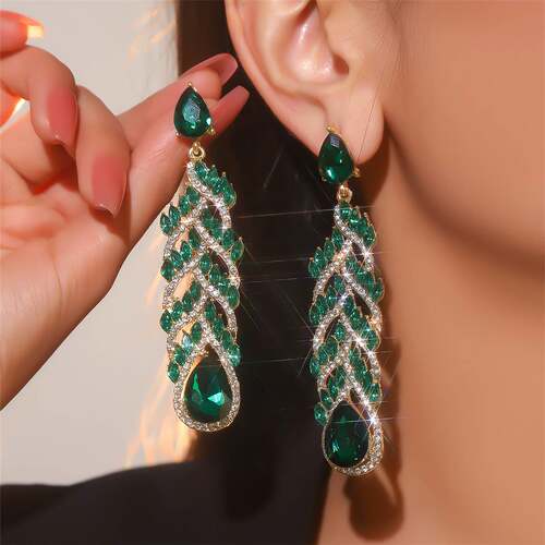 欧美 时尚玻璃水钻长款耳环女 夸张水晶宝石耳钉耳饰earrings