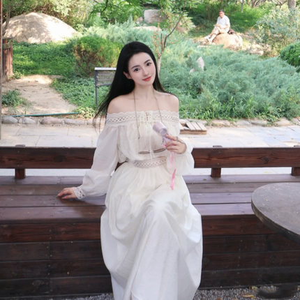法式高级设计镂空花边一字肩上衣a摆鱼尾套装连衣裙女长袖抹胸裙