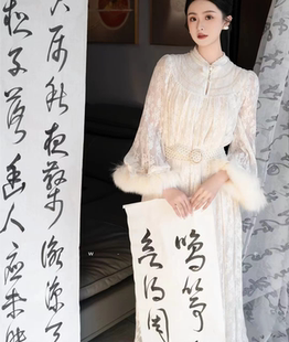 晨袍女新娘改良旗袍蕾丝长裙高级感秋冬新中式宫廷宽松连衣裙加绒