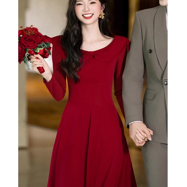 订婚礼服轻奢小众气质红色连衣裙平时可穿新娘敬酒服回门便装长袖