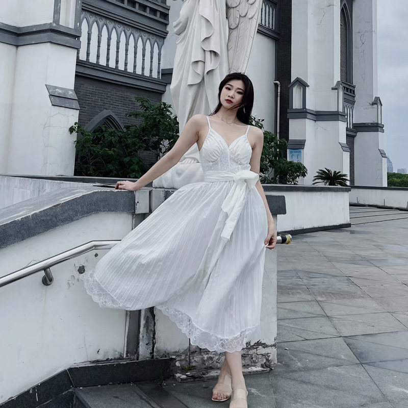 醋酸白色蕾丝百褶连衣裙女领证2026新款春夏新款宴会礼服长裙夏季