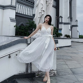 宴会礼服长裙夏季 醋酸白色蕾丝百褶连衣裙女领证2026新款 春夏新款