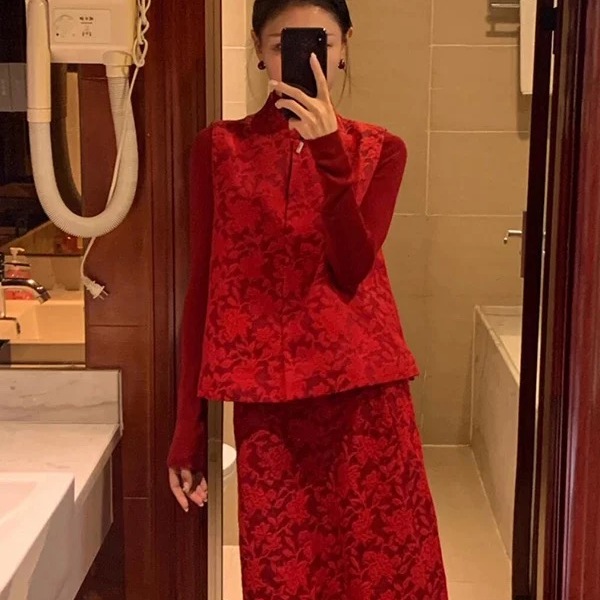 新中式国风改良红色马甲套装裙秋冬季新款订婚结婚礼服敬酒服