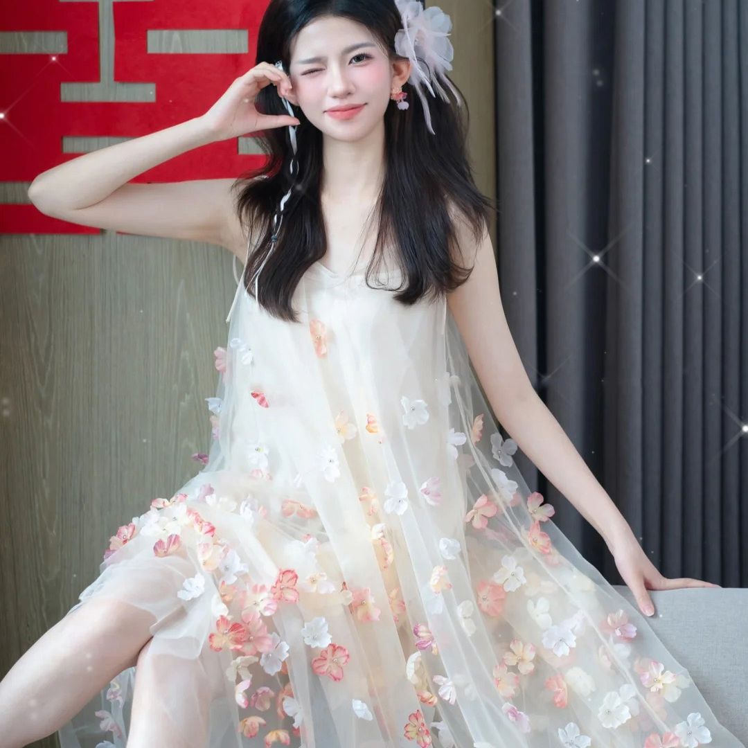 法式晨拍礼服晨袍女新娘高级感手工立体花朵网纱吊带连衣裙晚礼服