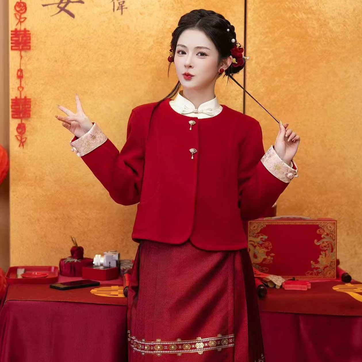 红色大衣敬酒服新中式上衣秋冬小个子新娘结婚双面毛呢外套订婚服