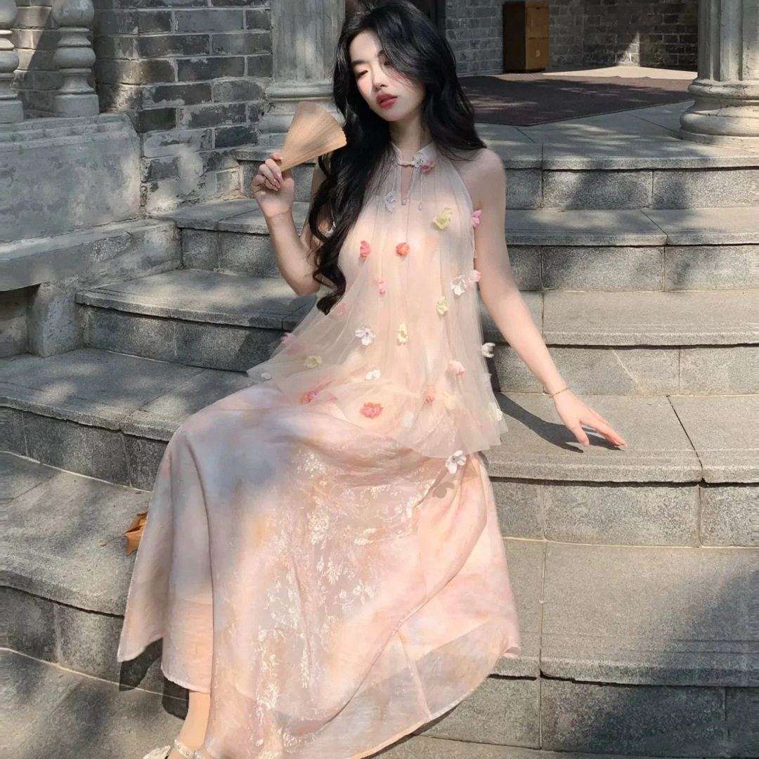 新中式立体花朵挂脖印花露肩连衣裙假两件重长裙修身显瘦网纱春季