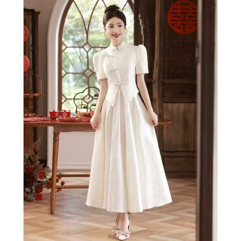 白色订婚旗袍礼服裙女夏季连衣裙敬酒服新中式登记领证小白裙绝美