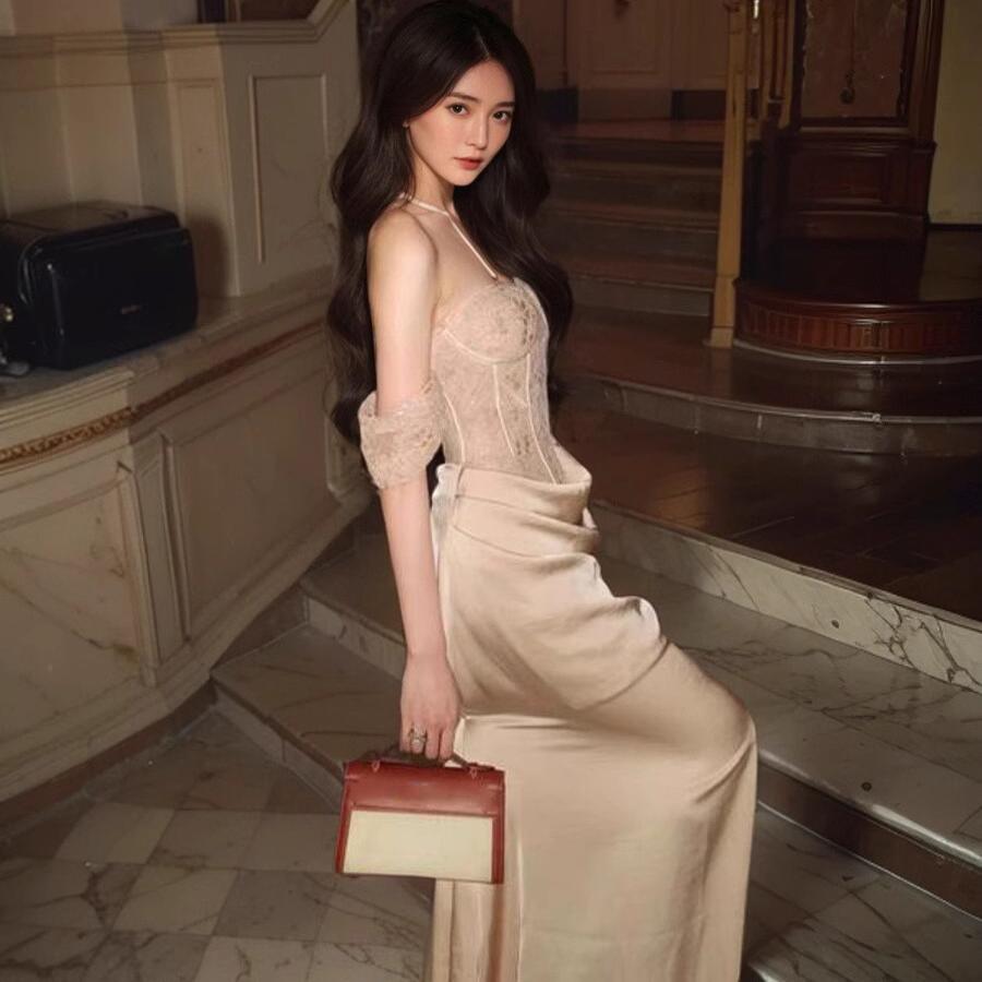 法式重工抹胸连衣裙女鱼骨订婚结婚晨袍礼服裙年会敬酒长裙高级感
