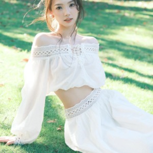 法式一字肩半身裙套装泡泡袖上衣夏季海边度假长裙简约小众高级