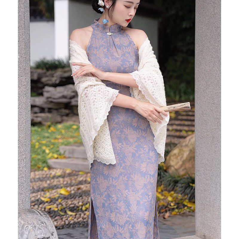 新中式无袖旗袍连衣裙女结婚礼服披肩两件套新款夏古风晨袍裙提花