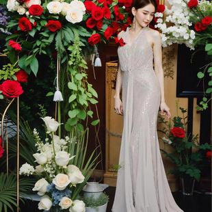 结婚晨袍女新娘细闪亮片挂脖连衣裙生日晚宴礼服裙法式高级感长裙