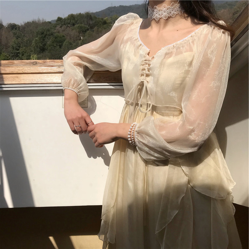 抽绳上衣短款《荷尖》阳光下blingbling光泽感灯笼袖闪闪防晒外套