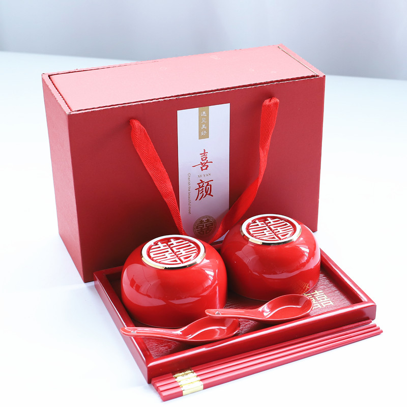套装新婚陪嫁高档红色敬茶杯碗筷