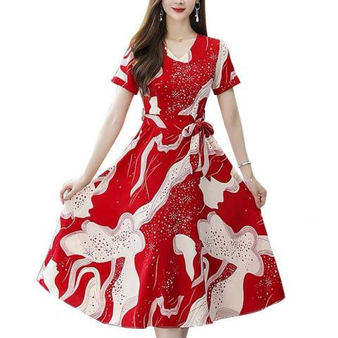 PLUS SIZE V-NECK PRINT SWING SKIRT DRESS WOMENS KOREAN VERSION TRENDY NEW TEMPERAMENT WAIST MIDI DRESS WOMEN
