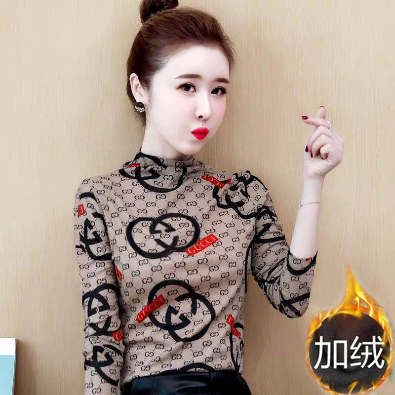 플러시 유럽 역 ??2023 봄 새로운 한국 스타일 유행 탑 인쇄 슬리밍 하프 거북이 칼라 BOTTOMING 셔츠 여성을위한