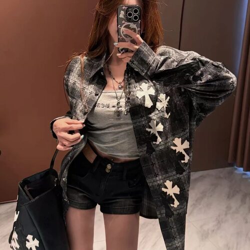新款重工十字架双层双纱透气皮标刺绣格子衬衫宽松百搭休闲男女