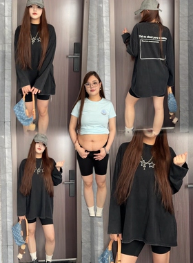 训宝慵懒大码风长袖T恤黑色字母印花星星图案圆领上衣2026春季