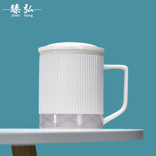 羊脂玉白瓷办公室水杯茶水分离杯茶杯个人专用马克杯陶瓷恒温杯子