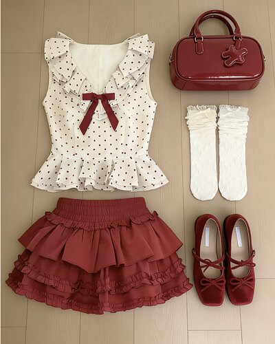 【红丝绒蛋糕】2026夏新品红色蛋糕裙白色波点无袖上衣荷叶边v领