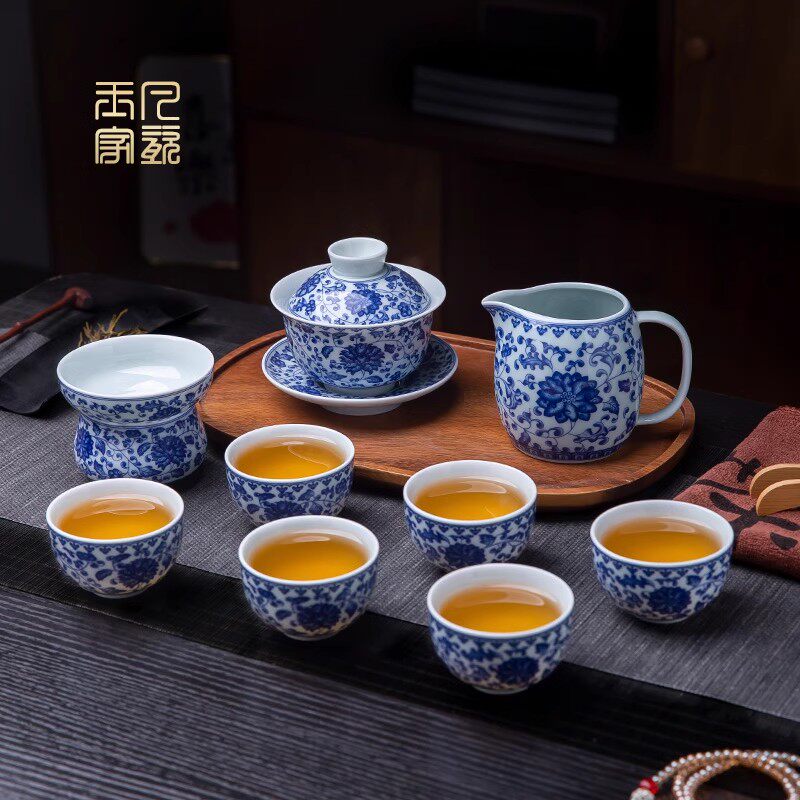 景德镇功夫茶具套装家用高档陶瓷办公泡茶青花瓷三才盖碗茶杯整套