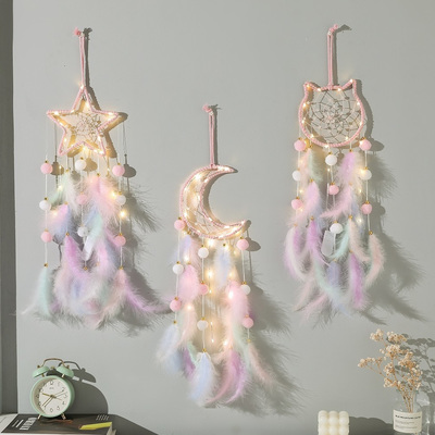 少女心捕梦网挂饰风铃手工diy成品羽毛编织挂件可爱儿童房装饰