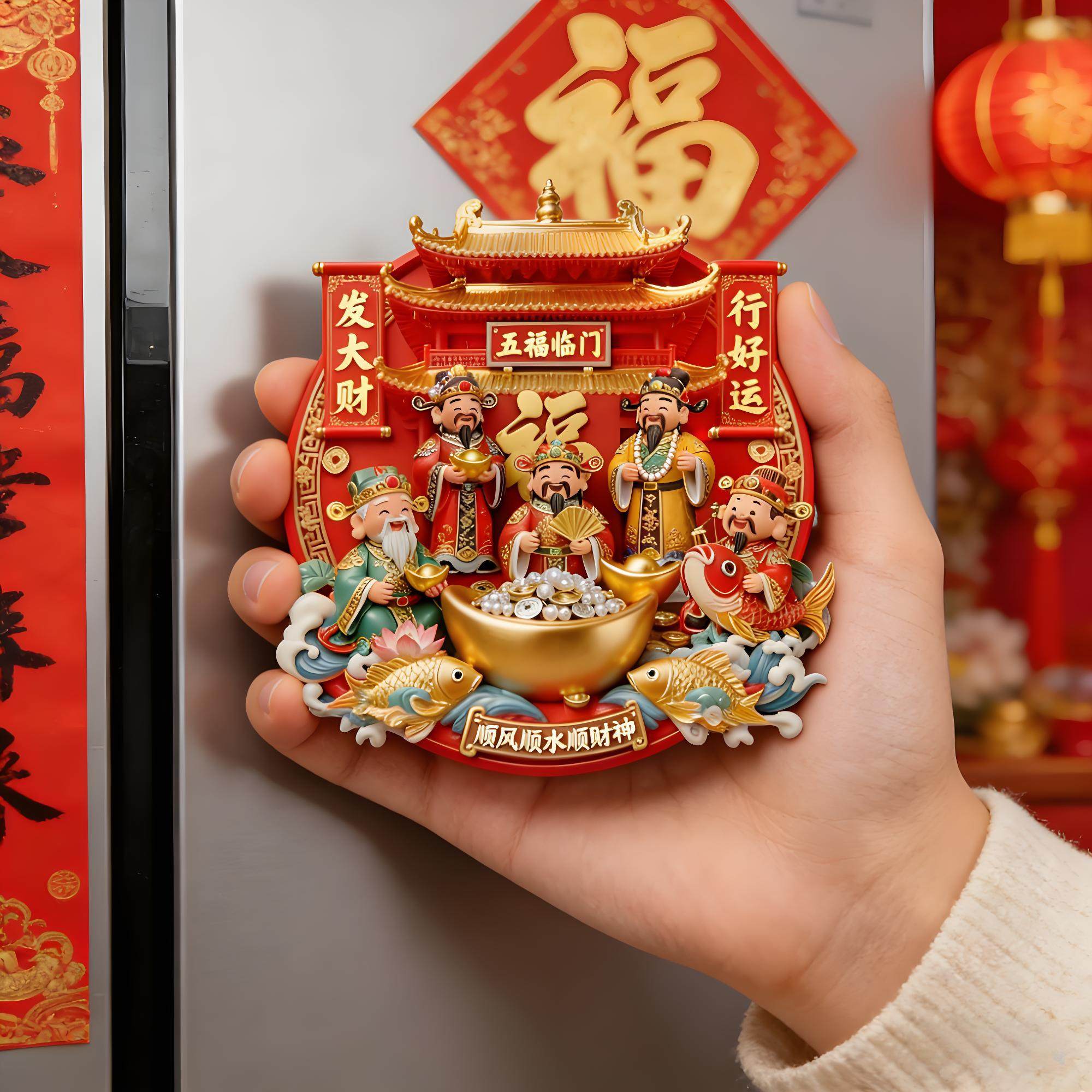 新年金属浮雕冰箱贴招财进宝3d创意装饰摆件五福临门磁吸卡片定制