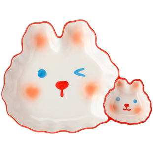 可爱宝宝儿童卡通陶瓷饺子盘带醋碟家用水饺分格小吃盘餐盘早餐盘