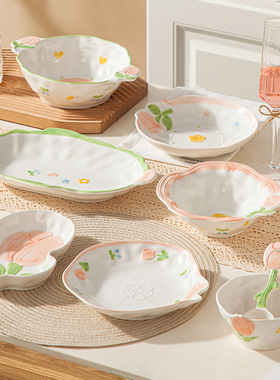 郁见花开釉下彩陶瓷饭碗汤碗家用2025新款可爱面碗菜盘子碗盘餐具