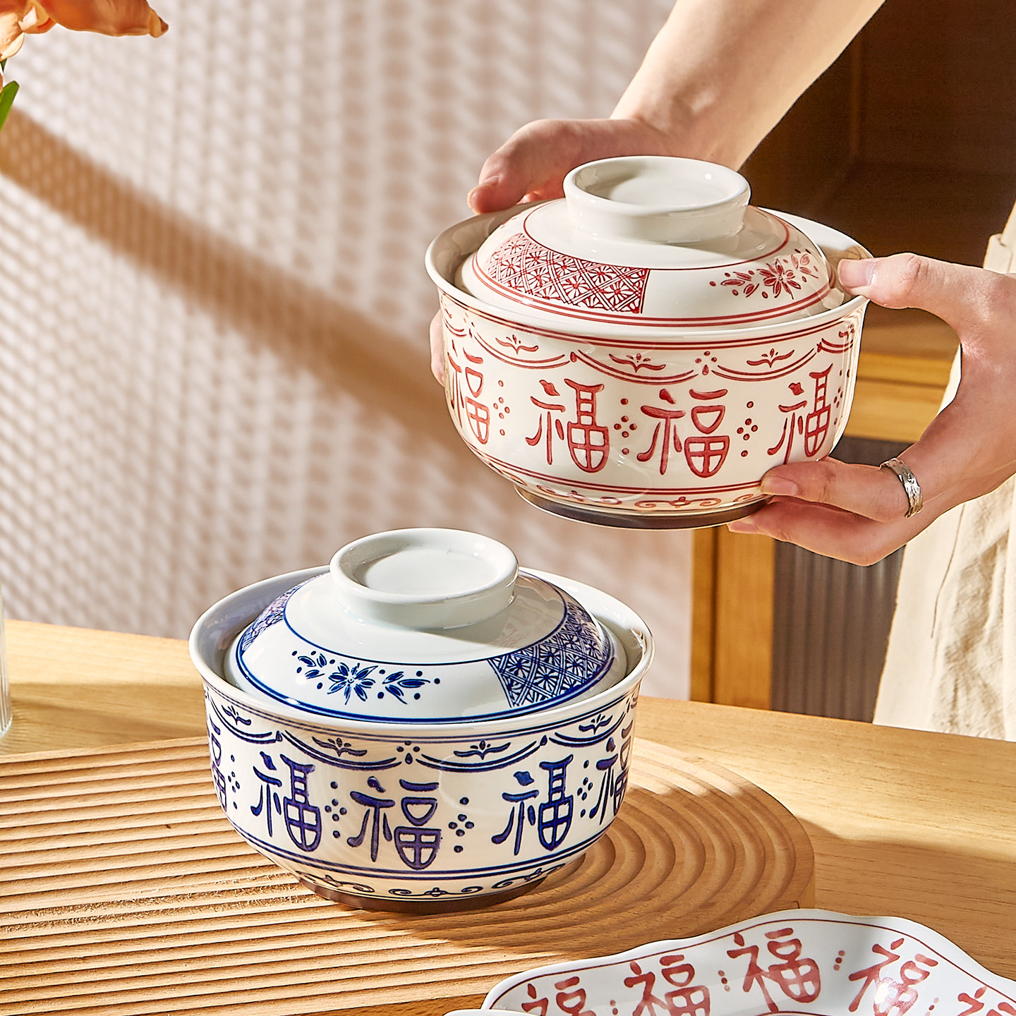 福字复古中式大号陶瓷带盖泡面碗汤碗家用6寸螺蛳粉碗面馆拌面碗