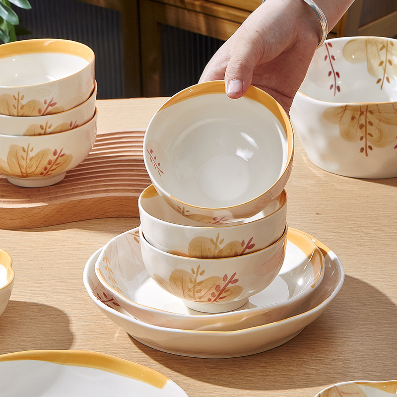 日式釉下彩家用陶瓷碗盘汤碗