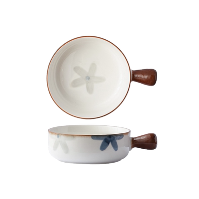 日式釉下彩陶瓷饭碗手柄碗沙拉碗