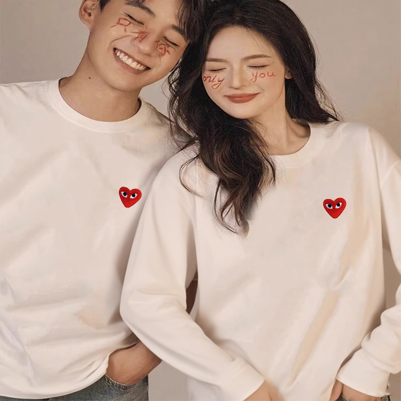 刺绣爱心重磅纯棉长袖T恤情侣装