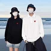 春秋打底男女情侣装 日系潮牌刺绣爱心纯棉长袖 POLO衫 翻领定制外套