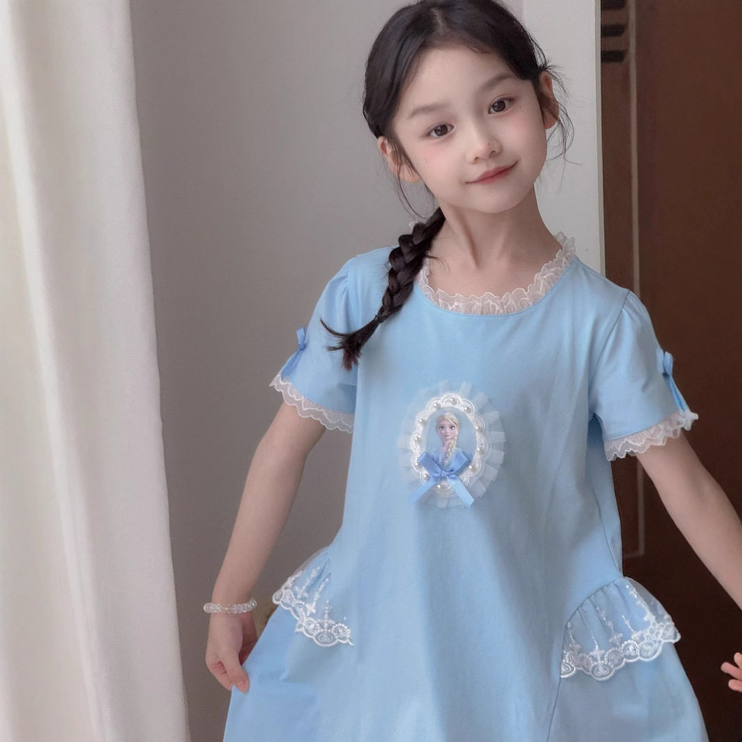 女童纯棉爱莎公主家居服连衣裙2026夏新款短袖冰雪奇缘宽松睡衣裙