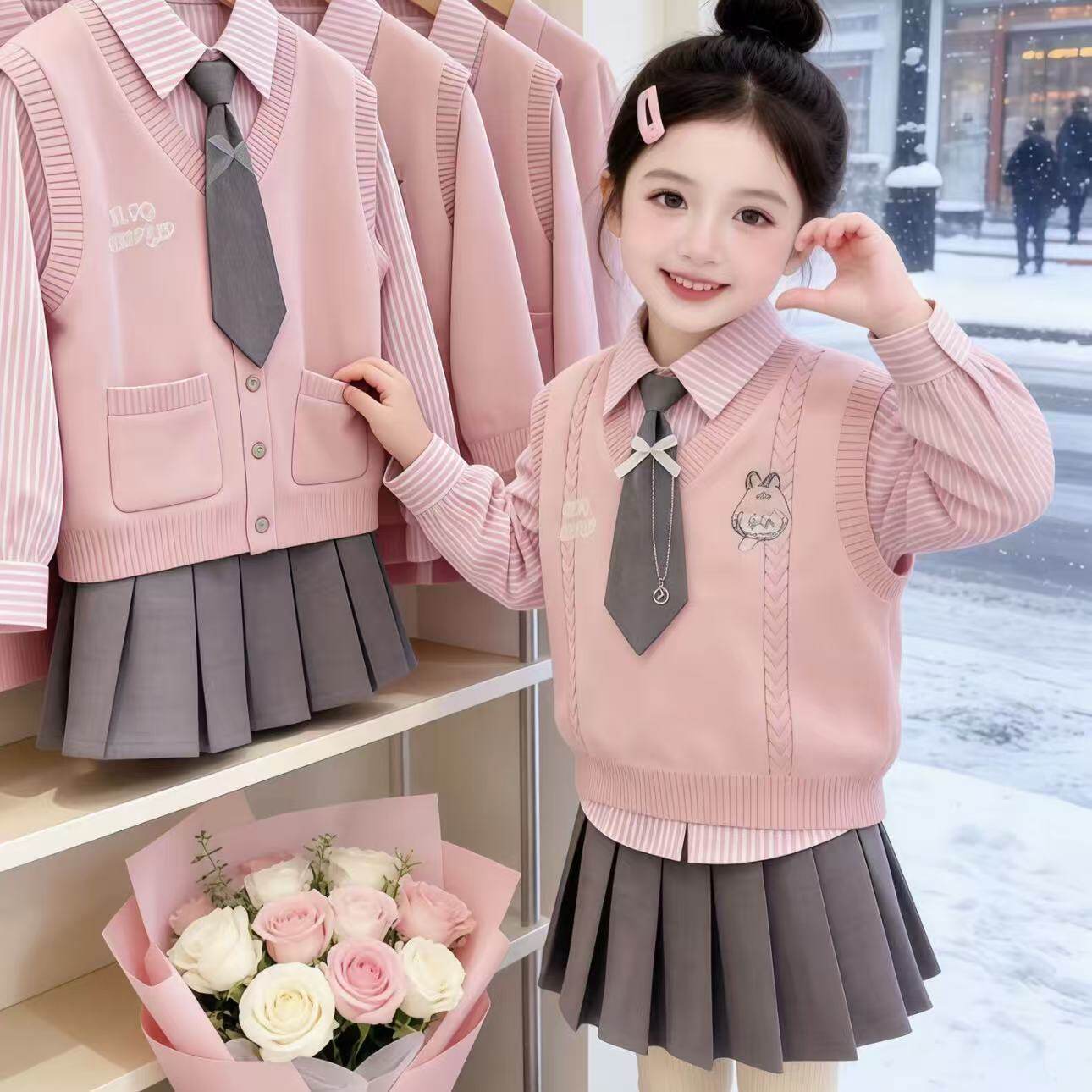 女童春秋韩版洋气马甲衬衫四件套