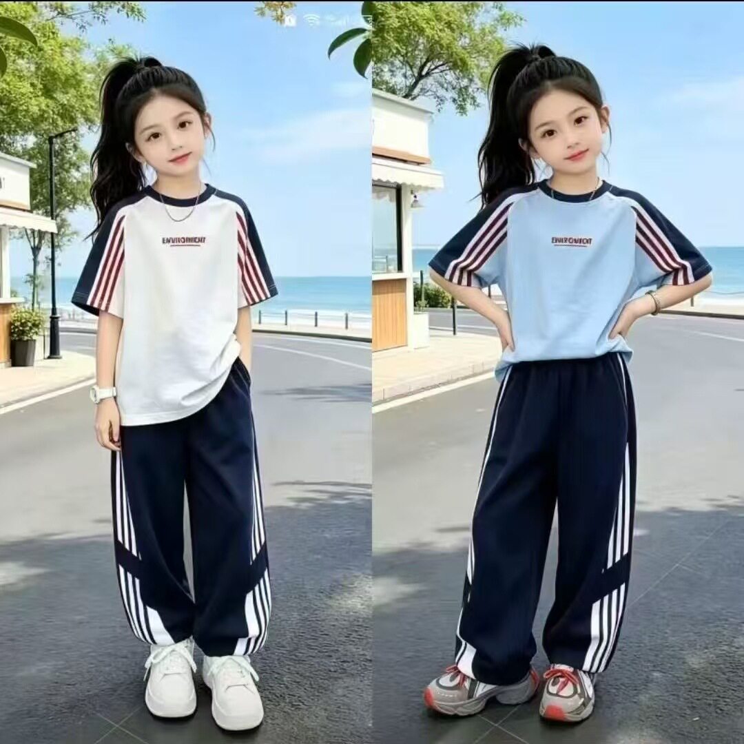 女童夏季插肩短袖条纹运动两件套