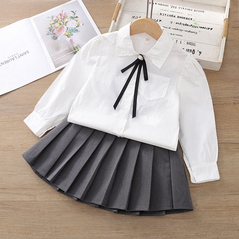 女童纯棉白衬衫百褶裙校服套装