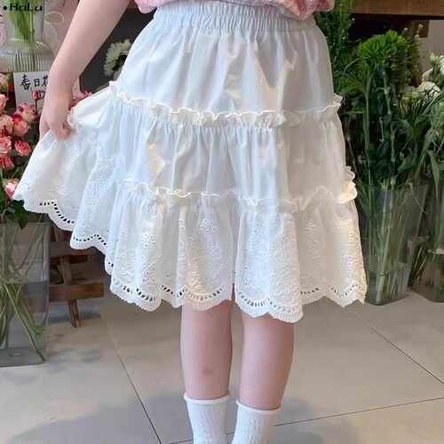 女童纯棉中长半身裙黑白色过膝盖
