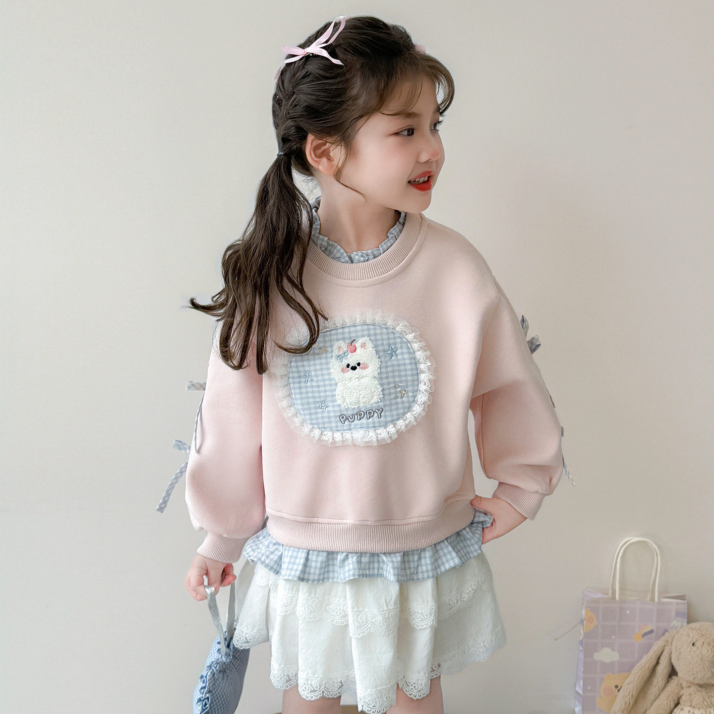 女童纯棉圆领套头卫衣2026春秋新款韩版小女孩洋气网红假两件上衣