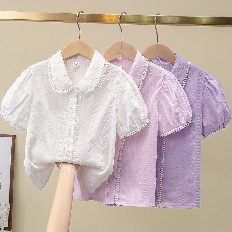 女童短袖衬衫夏季新款儿童洋气娃娃领上衣女孩薄款泡泡袖纯棉衬衣