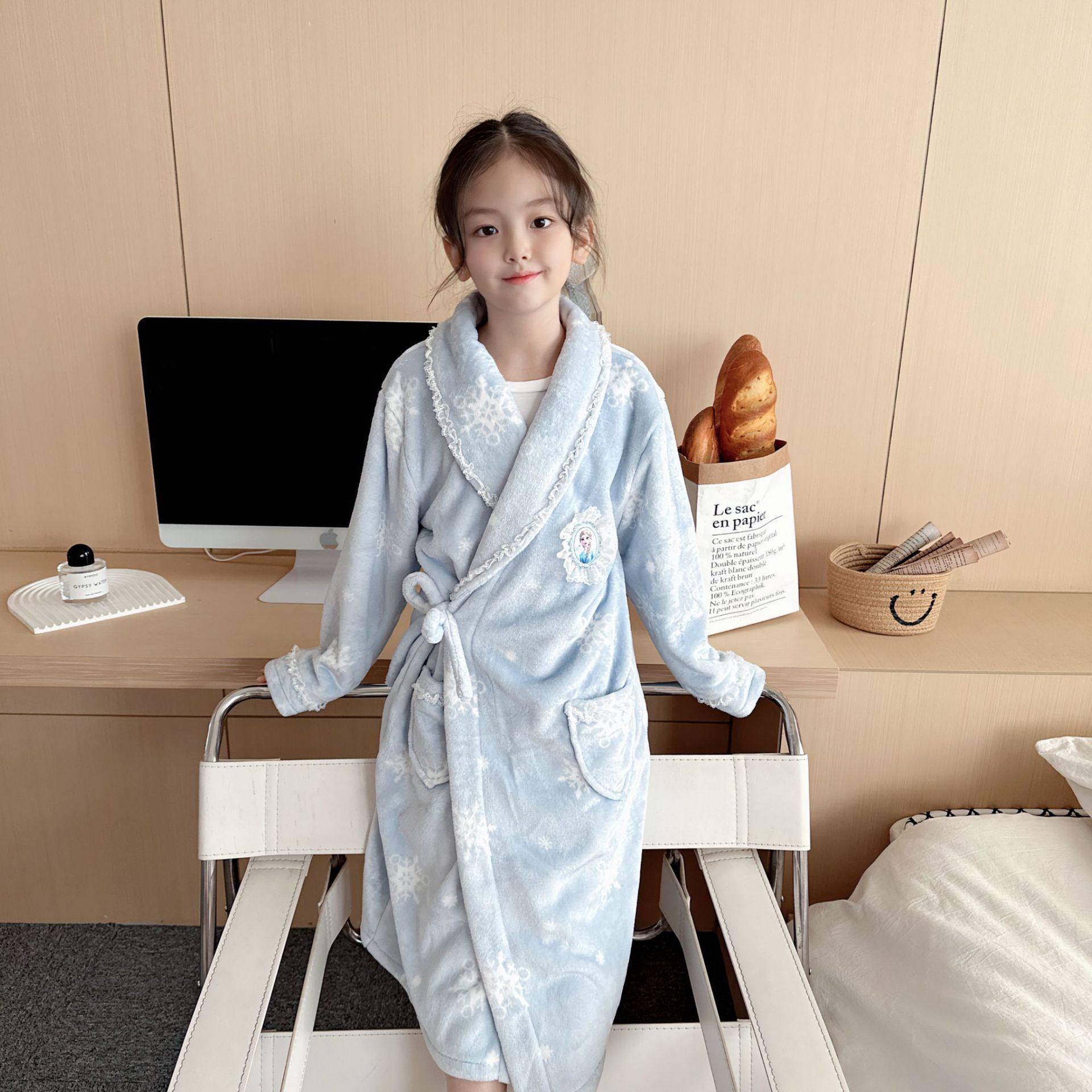 女童爱莎公主睡袍裙春秋冬中长袖款睡衣保暖加厚法兰绒家居服浴袍