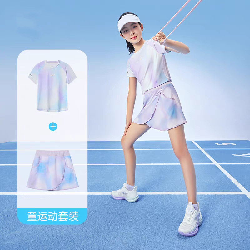 女童弹力速干夏季套装儿童羽毛球短袖短裙两件套运动夏装洋气新款